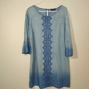 Luxology Bell Sleeves Blue Ombre BOHO Embroidered Shift Dress Size 16 Blue